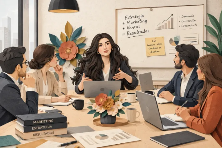 Ilustración en papel de Diana Lamus Báez liderando una reunión de estrategia de marketing: la inteligencia artificial potencia el criterio del equipo