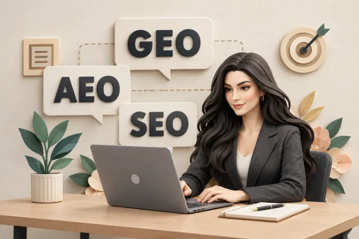 Mujer profesional frente a su computador con las siglas SEO, AEO y GEO: estrategias de posicionamiento web en buscadores e inteligencia artificial
