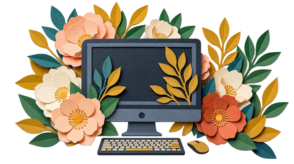 Ilustración de consultoría de marketing digital, redes sociales y diseño web: computador rodeado de flores de papel