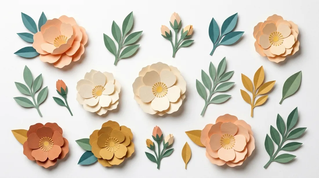Flores y hojas de papel hechas a mano en los colores de la marca: estrategia de marketing creativa y ordenada