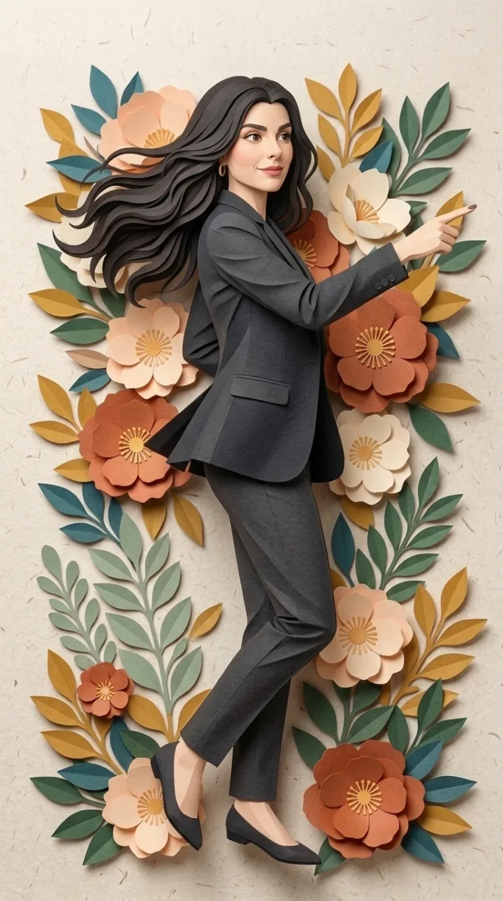 Ilustración en papel de Diana Lamus Báez, estratega de marketing, señalando el camino de la Ruta Comercial Digital