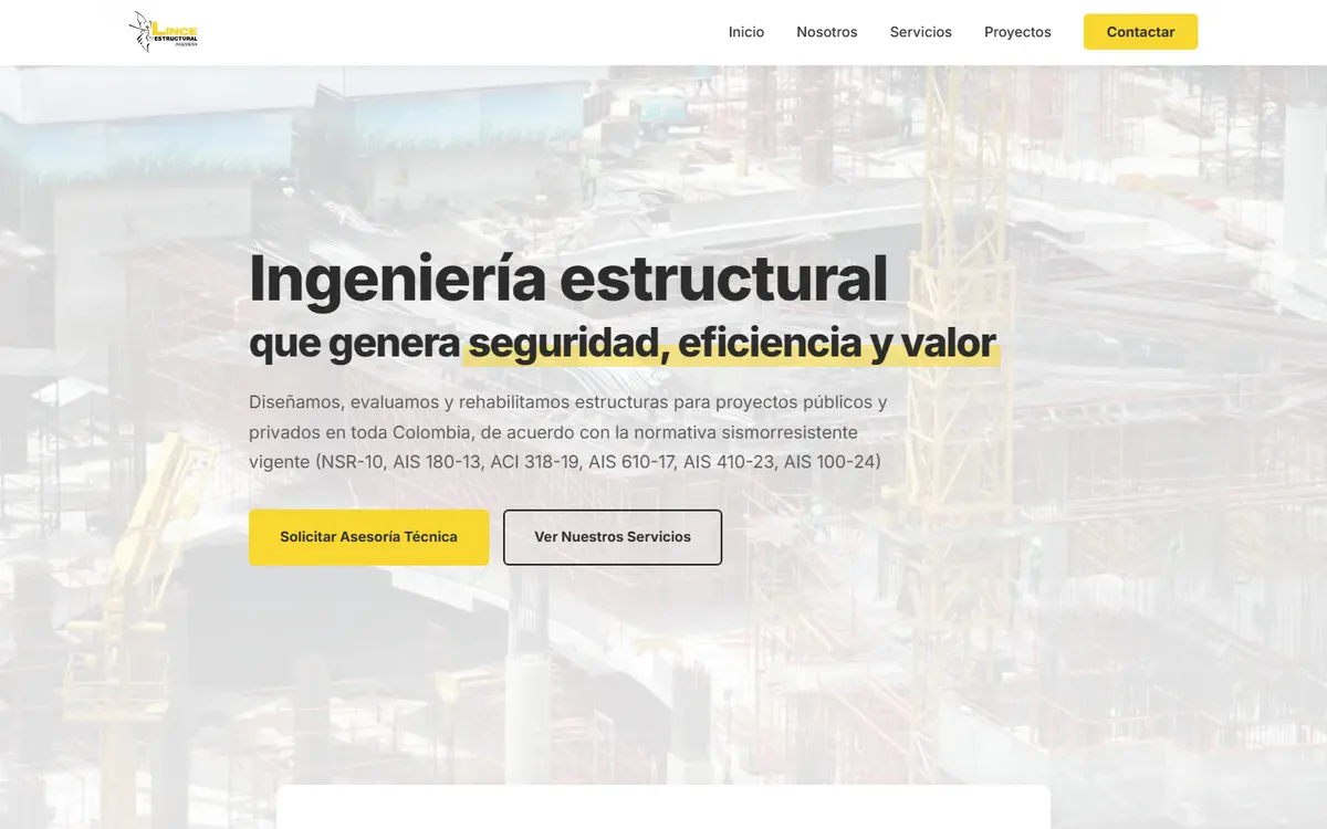 Captura del sitio web de Lince Andina Ingeniería Estructural en escritorio