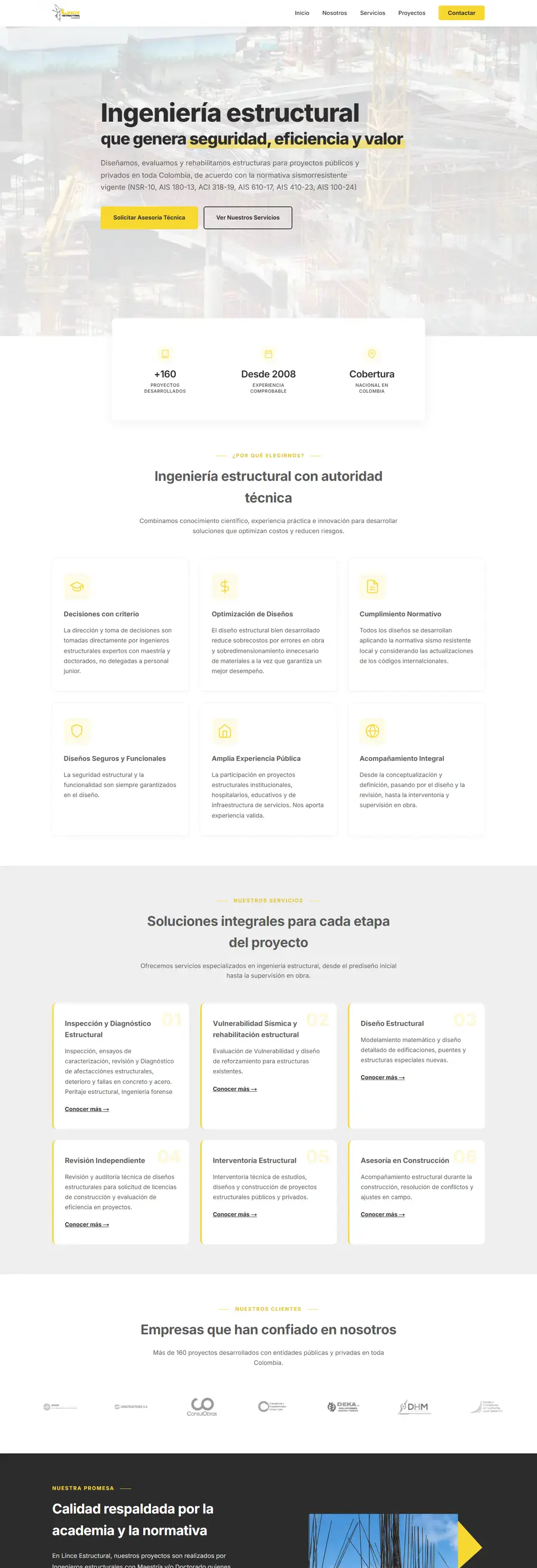 Página completa del sitio web de Lince Andina Ingeniería Estructural