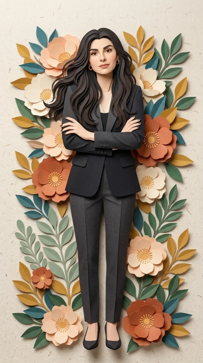 Ilustración en papel de Diana Lamus Báez, estratega de marketing, con los brazos cruzados entre flores
